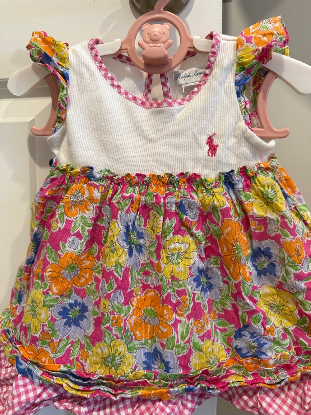 Ralph Lauren White Ribbed Top Floral Baby Dress with Pink Trim